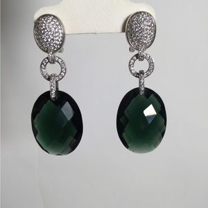 Vintage Signed LL Sterling 925 Smoky Green Crystal And CZ Dangle Drop Earrings
